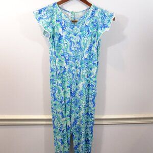 Lilly Pulitzer Jumpsuit Girls Size XL 12-14 Blue Green Seahorses Mermaids Print